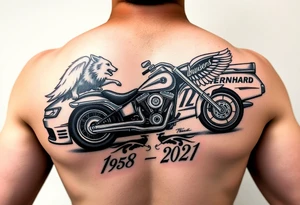 Dale Earnhardt car on it with the year 1958 - 2021 intertwined with a motorcycle with a Budweiser logo on it with a guardian angel wolf tattoo idea