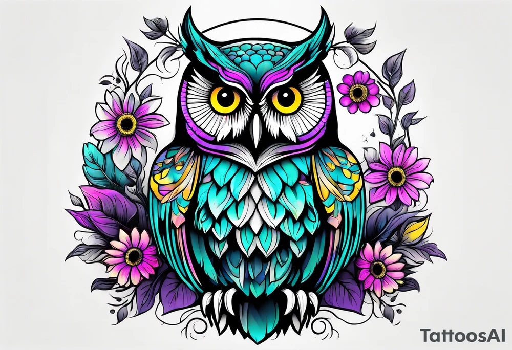 Black and white owl shaded teal, pink and purple surrounded by yellow sunflowers sleeve tattoo idea