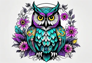 Black and white owl shaded teal, pink and purple surrounded by yellow sunflowers sleeve tattoo idea