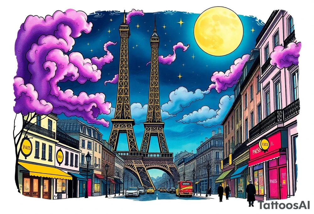Tim Burton’s paris streets with effel tower from outside view is the street is littered with neon signs purple and cyan smokey clouds swirl and dance in the moonlit night sky filled with twinkling stars  tattoo idea tattoo idea