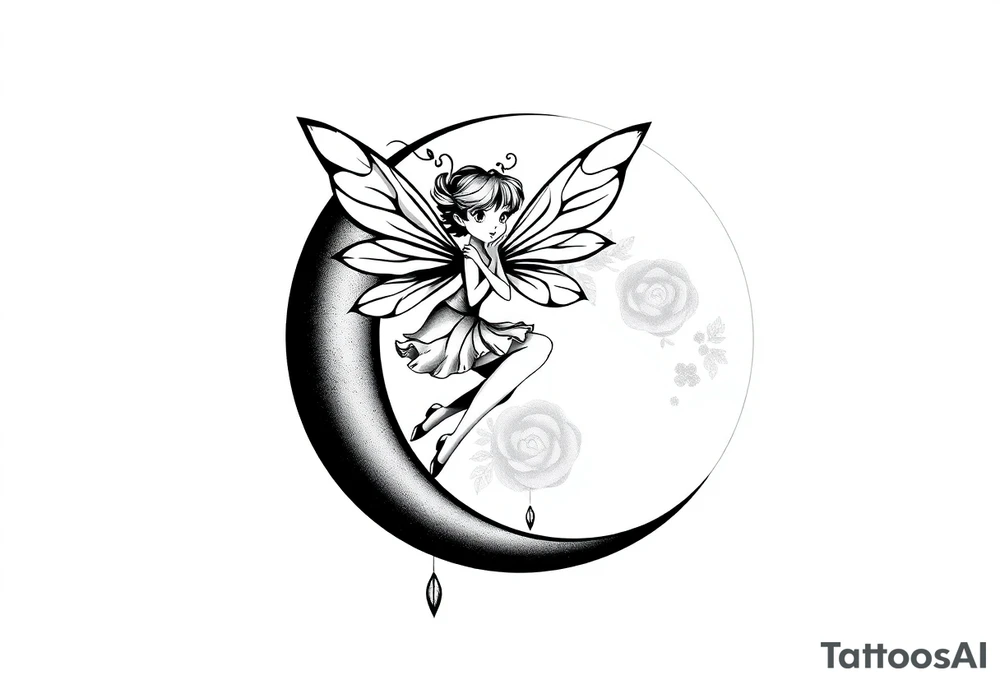 Solid black tattoo of a Fairy sitting on moon with dangles. tattoo idea