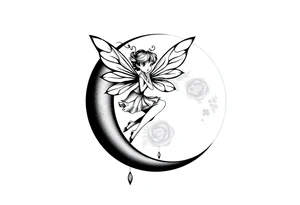 Solid black tattoo of a Fairy sitting on moon with dangles. tattoo idea