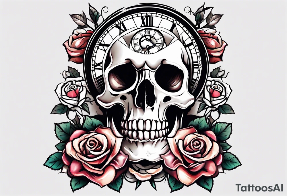 Skeleton with roses with clock tattoo tattoo idea