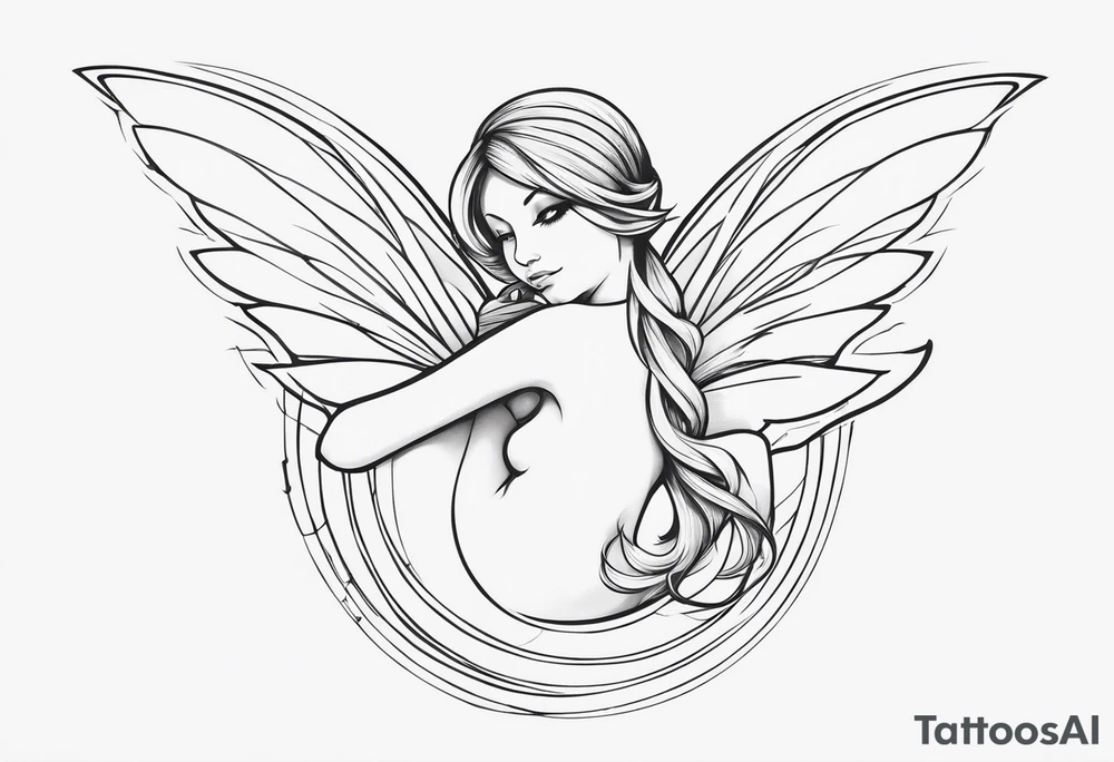 Minimalistic, monochromatic fairy with a tail flying to the left in a fetal position, leaning and looking in the same direction, with visible hands, embodying the 'Fairy Tail' logo aesthetic. tattoo idea