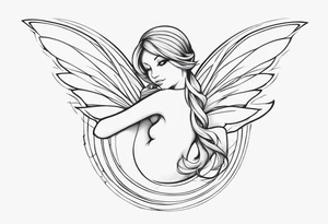 Minimalistic, monochromatic fairy with a tail flying to the left in a fetal position, leaning and looking in the same direction, with visible hands, embodying the 'Fairy Tail' logo aesthetic. tattoo idea