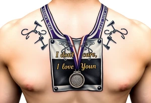 Running bib with 2012 and “I don’t care, I love it” with purple and gold and safety pins going through my skin. Running medal draped in with it tattoo idea