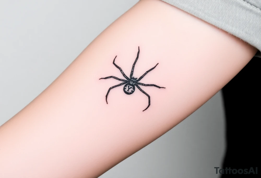 Black widow Spider crawling down sideways with the letter Y on the body of the spider tattoo idea
