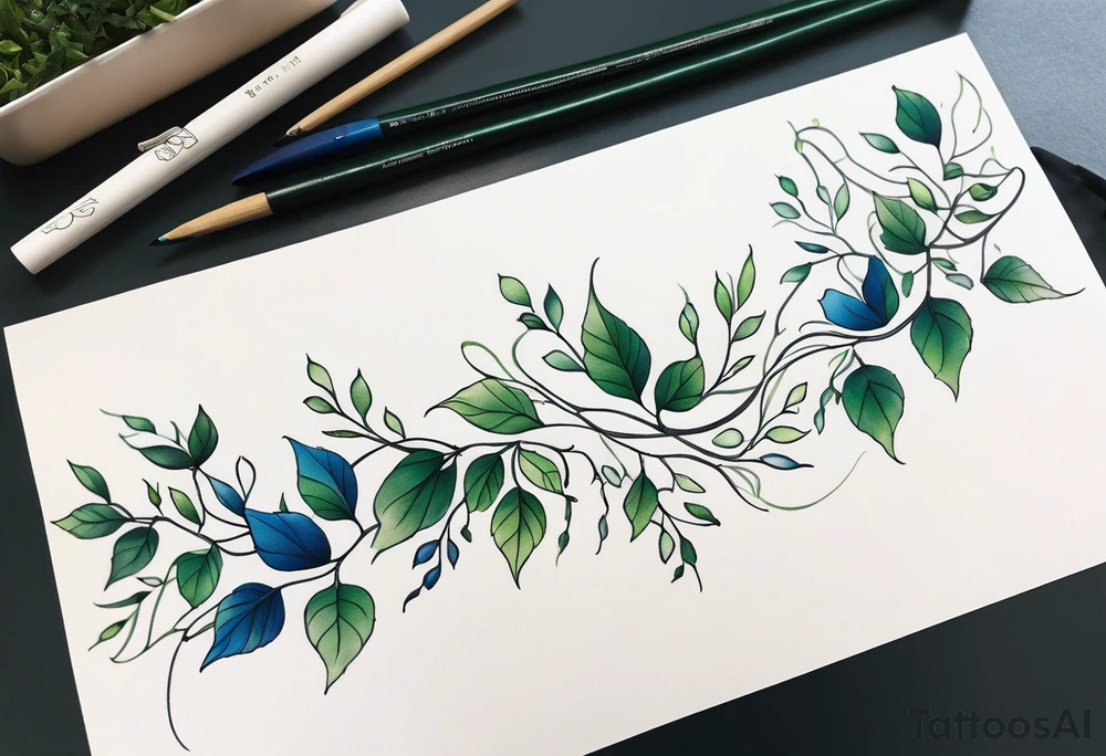 Delicate Vines crawling up the arm. Sleeve. Greens and blues tattoo idea