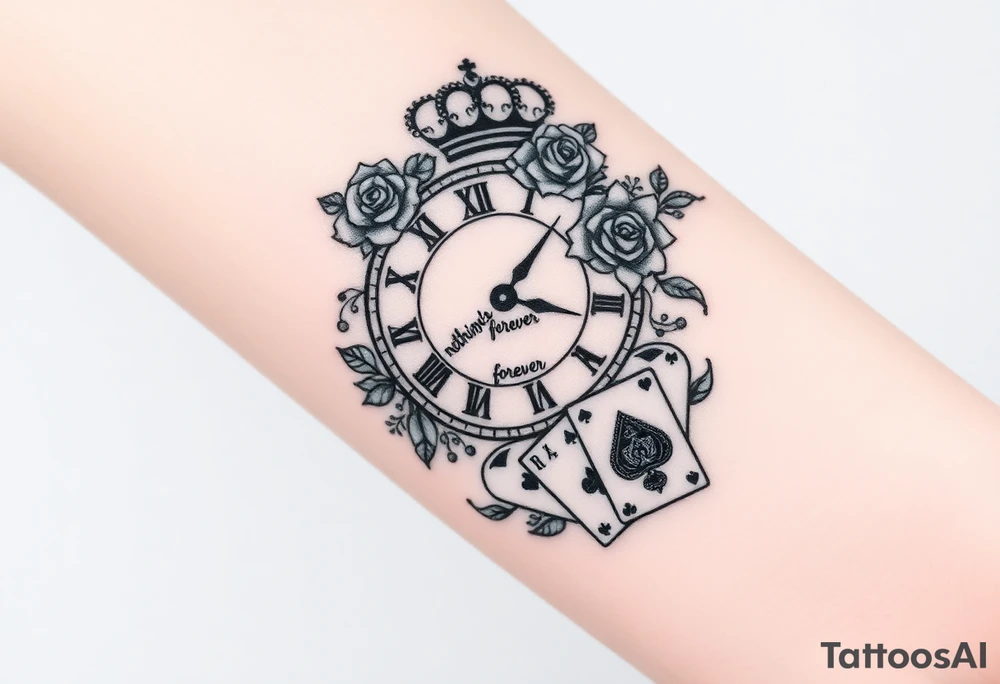 Roman clock with roses and a crown,  a quote that says nothings forever. and on the bottom a deck of cards tattoo idea