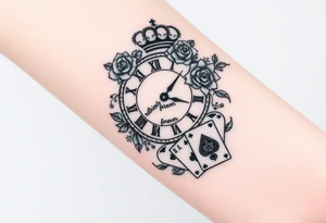 Roman clock with roses and a crown,  a quote that says nothings forever. and on the bottom a deck of cards tattoo idea