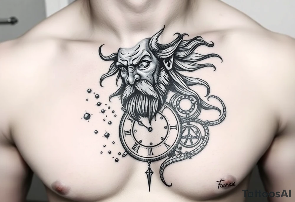 2. Cronos / Saturno – El Devorador del Tiempo
Un anciano con barba flotante y mirada vacía, devorando un reloj de arena.

Las arenas del tiempo se dispersan por el pecho como si fueran estrellas o sangre.

Puede incluir símbolos zodiacales antiguos alrededor o cadenas rotas. tattoo idea