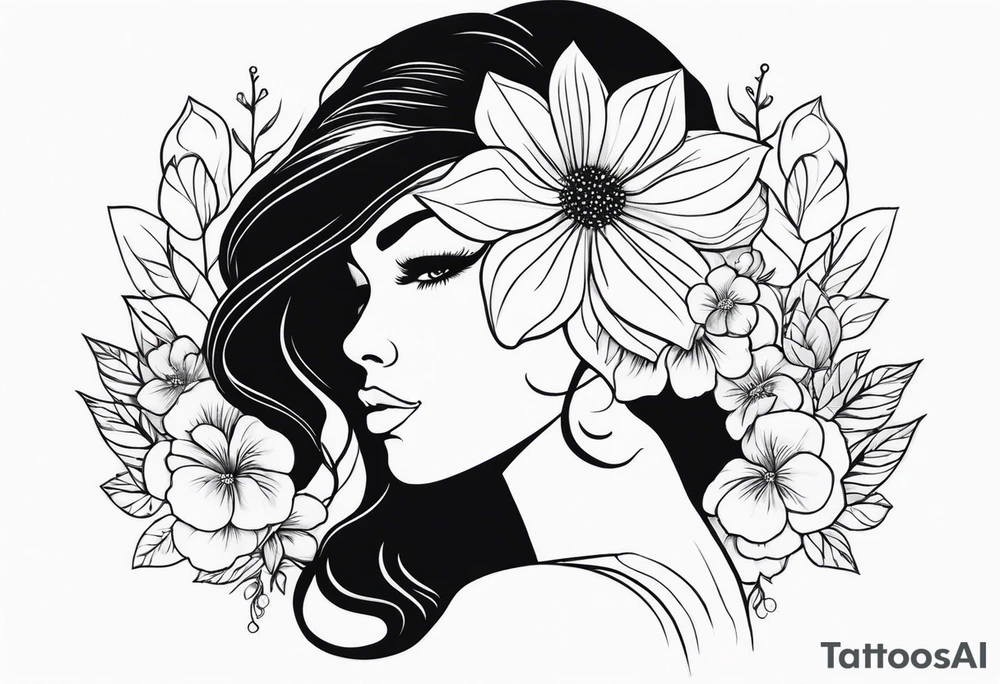 Powerful women’s face with flowers around tattoo idea