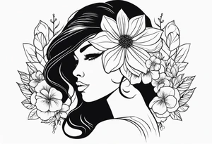 Powerful women’s face with flowers around tattoo idea