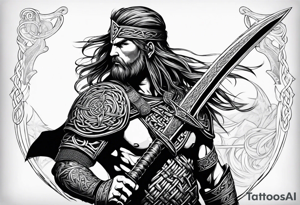 Full body shot Celtic warrior facing left with sword drawn. tattoo idea