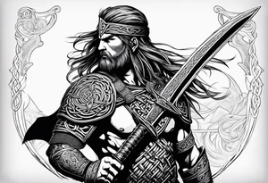 Full body shot Celtic warrior facing left with sword drawn. tattoo idea