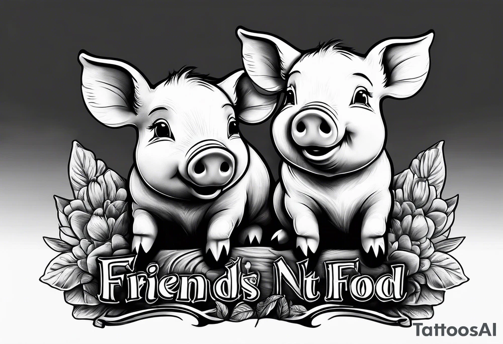 cute piglet with text 'friends not food' tattoo idea