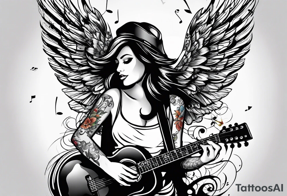 Microphone and musical notes and guitar and wings and female tattoo idea