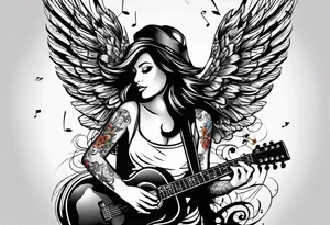 Microphone and musical notes and guitar and wings and female tattoo idea