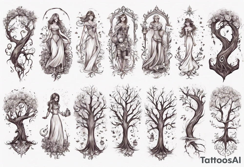 Female forearm, daughter, son, fairytale, family tree tattoo idea