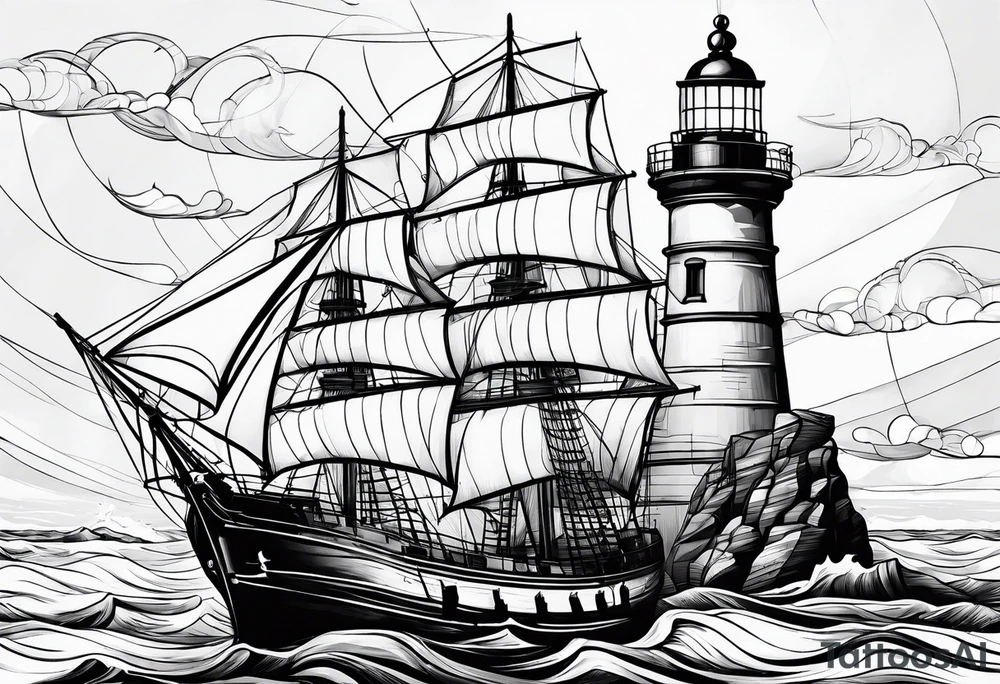 phare maritime dans un bateau a voiles. tattoo idea