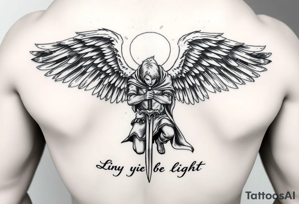 Warrior Angel with long sword  kneeling looking down cloak over head wings
 spread let there be light tattoo idea