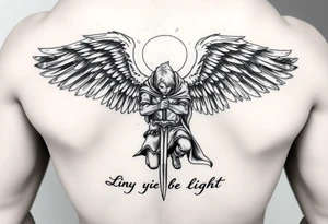 Warrior Angel with long sword  kneeling looking down cloak over head wings
 spread let there be light tattoo idea