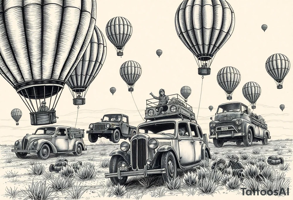in a very steam punk vibe i want you to make a picture of a bunch of old beat up cars with people lounging in them and garbage and junk all up in and on them, tied to hot air balloons floating in the sky right about dusk and they are as far as the eye can see i want the cars to be floating as if they were the basket to the hot air balloons tattoo idea