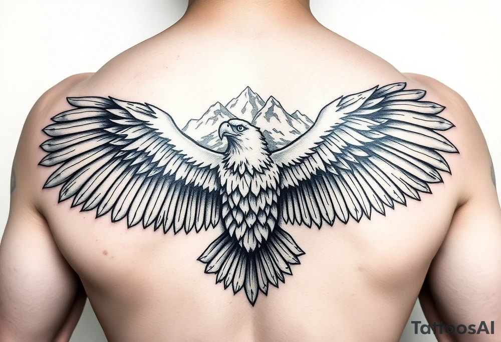 majestic eagle spreading wings against mountain peaks tattoo idea