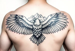 majestic eagle spreading wings against mountain peaks tattoo idea