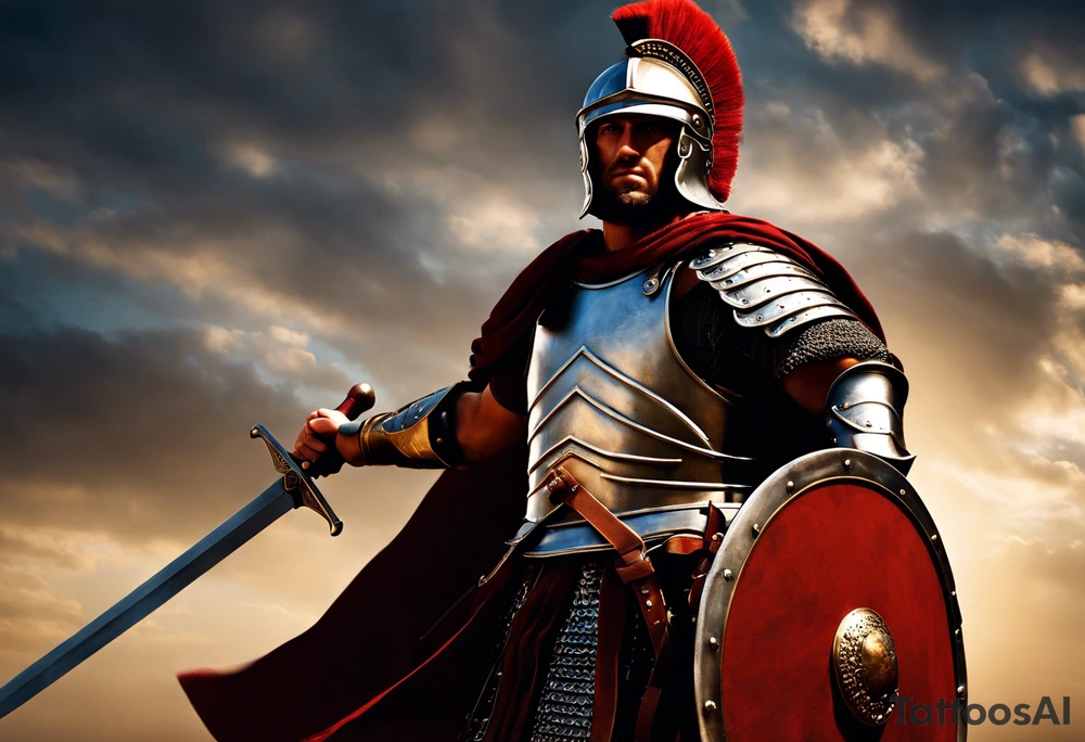 a roman soldier from AD 60, wearing armor which must include an armoured belt, breastplate, armoured shoes, shield, helmet and sword.
the soldier must look strong. the soldier is faceless. The image must include the full person, not just the top half. The soldier is mid-battle, fending off flaming arrows with his sheild tattoo idea