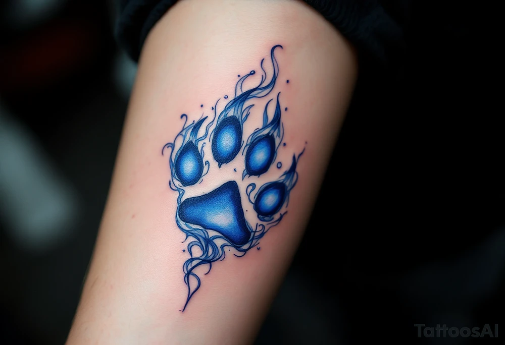 A deep blue and silver Veles’ paw print, surrounded by smoke-like swirls, symbolizing magic, wilderness, and transformation. tattoo idea