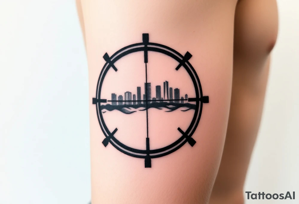 scope crosshairs with eerie Los Angeles city horizon in background tattoo idea