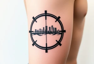scope crosshairs with eerie Los Angeles city horizon in background tattoo idea