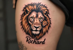 A lion and cub in sepia tones, symbolizing protection and legacy, with son´s name Richard. tattoo idea