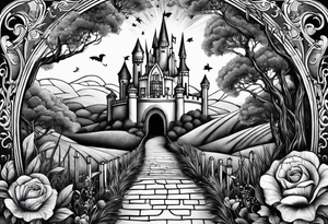 full arm sleeve very dark wizard of oz tattoo idea