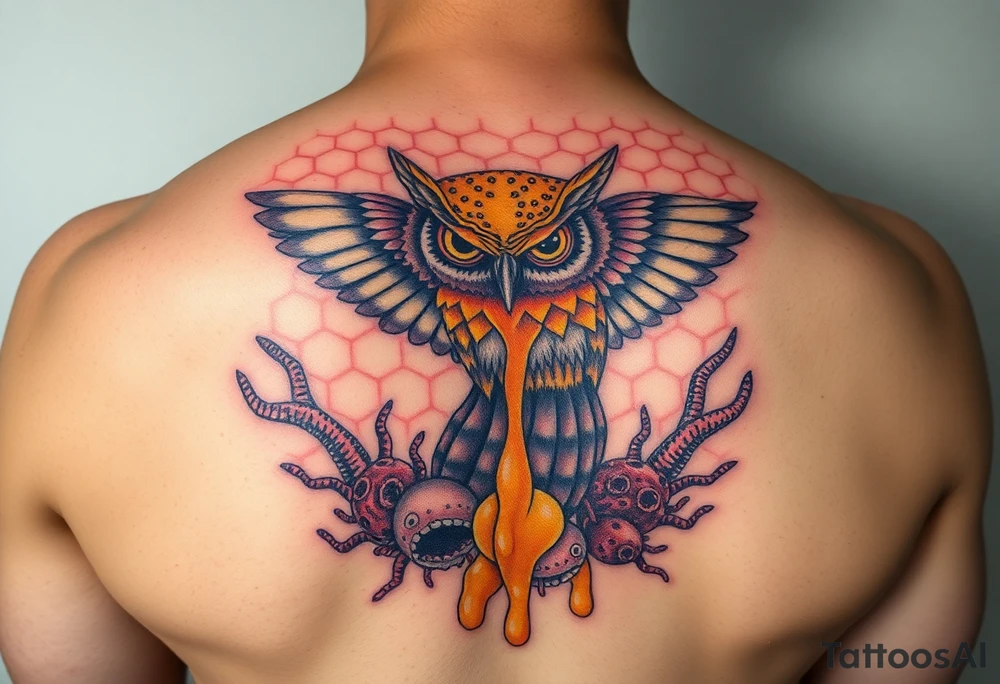 Honey comb, owl dripping honey over sea creatures tattoo idea