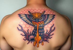 Honey comb, owl dripping honey over sea creatures tattoo idea