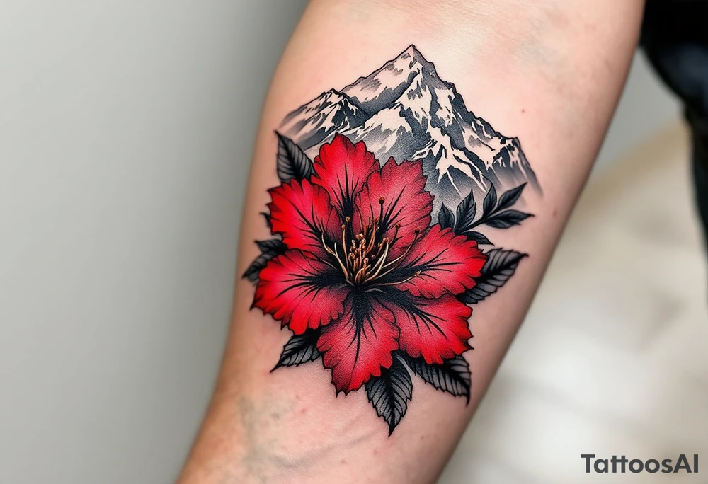 red  and black rhododendron trippy with Himalayas behind tattoo idea