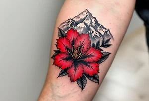 red  and black rhododendron trippy with Himalayas behind tattoo idea