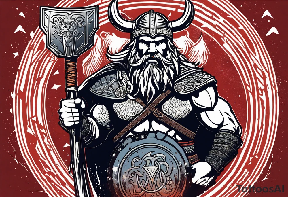 Create an image of a powerful Viking warrior. The Viking is wearing a bear's head as a helmet, with the bear's fur draped over his shoulders. In his right hand, he is holding Thor's hammer (Mjölnir), which is surrounded by subtle lightning bolts. On the hammer, include a faint outline of the HSV (Hamburg football club) diamond emblem, subtly integrated into the design. The overall style should be bold and epic, capturing the strength and mythic qualities of the Viking and the symbols. tattoo idea