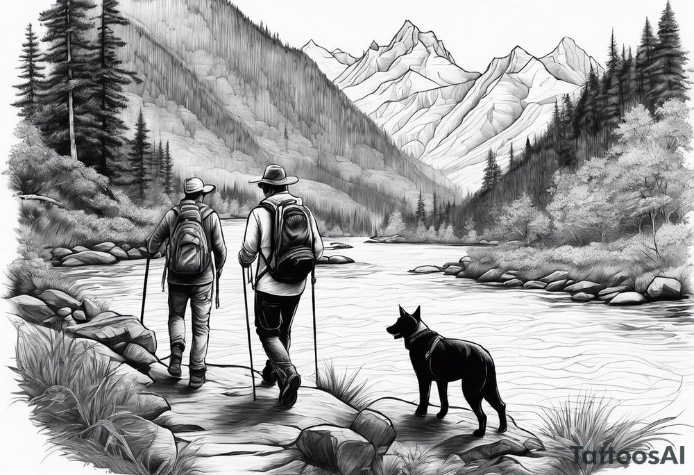 father son hiking with their dog and cat in the mountains, nature, waterfall, rive tattoo idea