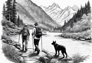 father son hiking with their dog and cat in the mountains, nature, waterfall, rive tattoo idea