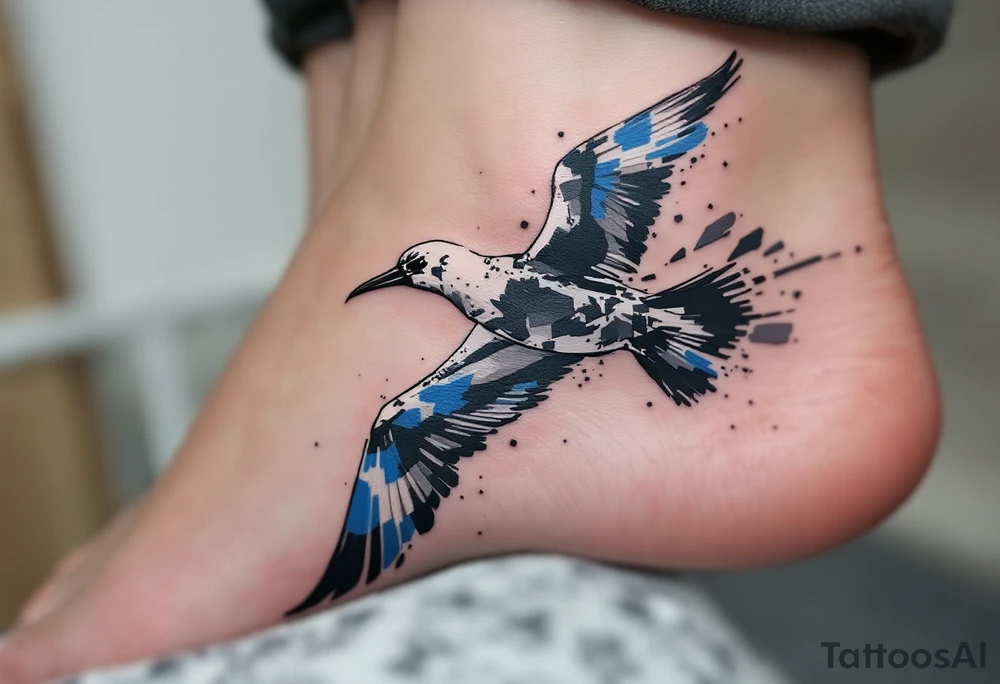 Abstract Albatross in Motion – The bird stylized in fragmented brush strokes of gray, black, and cobalt blue, showing movement and energy. tattoo idea