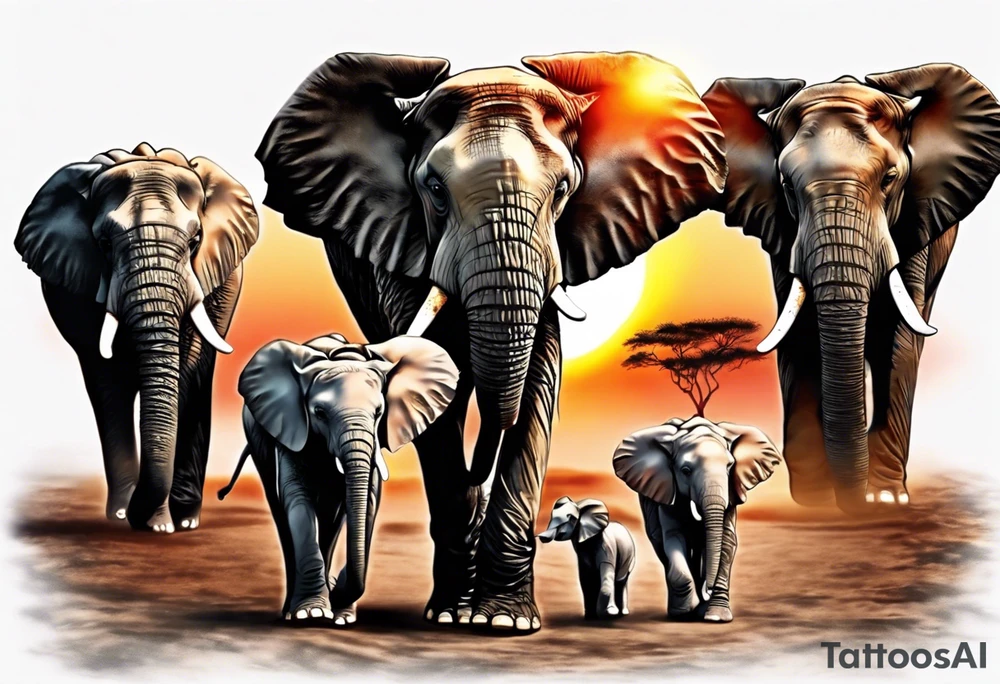 family of 6 elephants walking into sunset tattoo idea