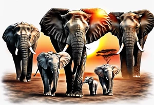 family of 6 elephants walking into sunset tattoo idea