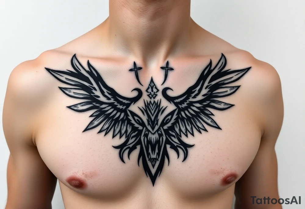 Symetrical upper chest tattoo, dark, animal icelandic symbols tattoo idea