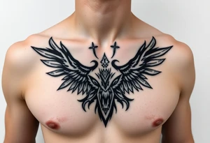 Symetrical upper chest tattoo, dark, animal icelandic symbols tattoo idea