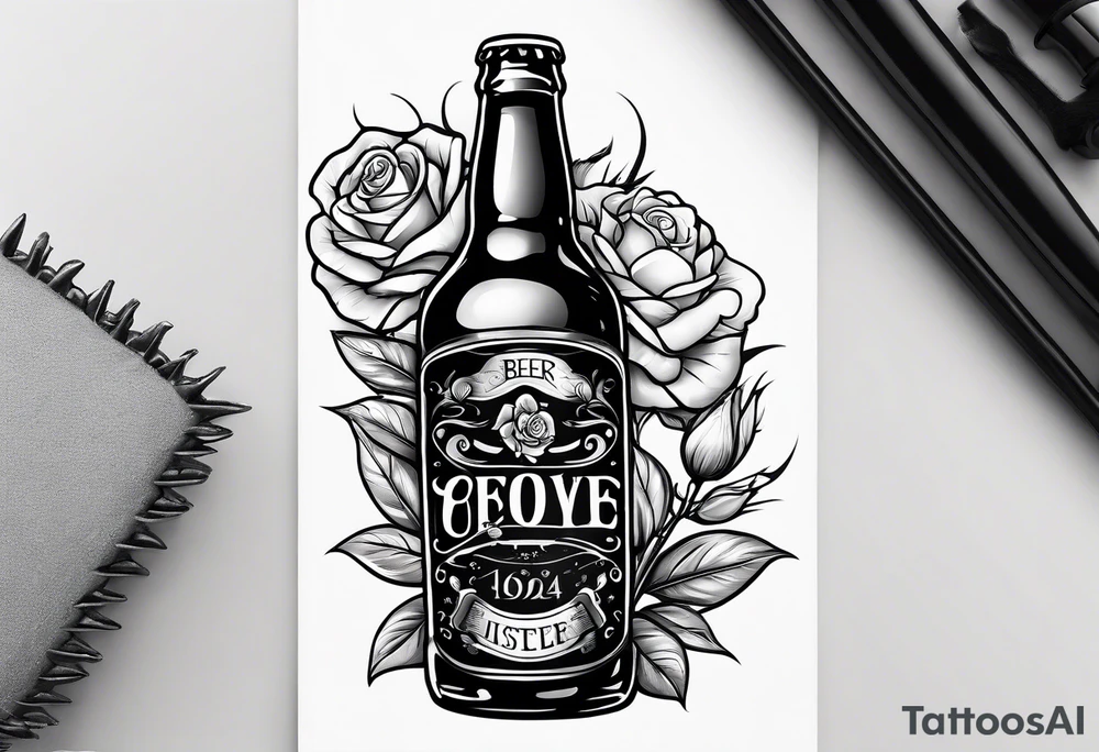 A bottle of beer and a stalk of rose in the bucket tattoo idea