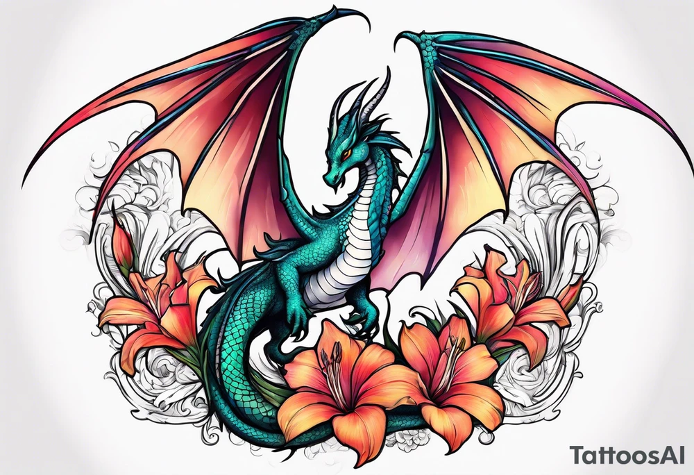 A Dragon with hummingbird surrounding a gladiolus flower tattoo idea