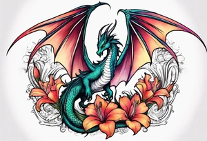 A Dragon with hummingbird surrounding a gladiolus flower tattoo idea